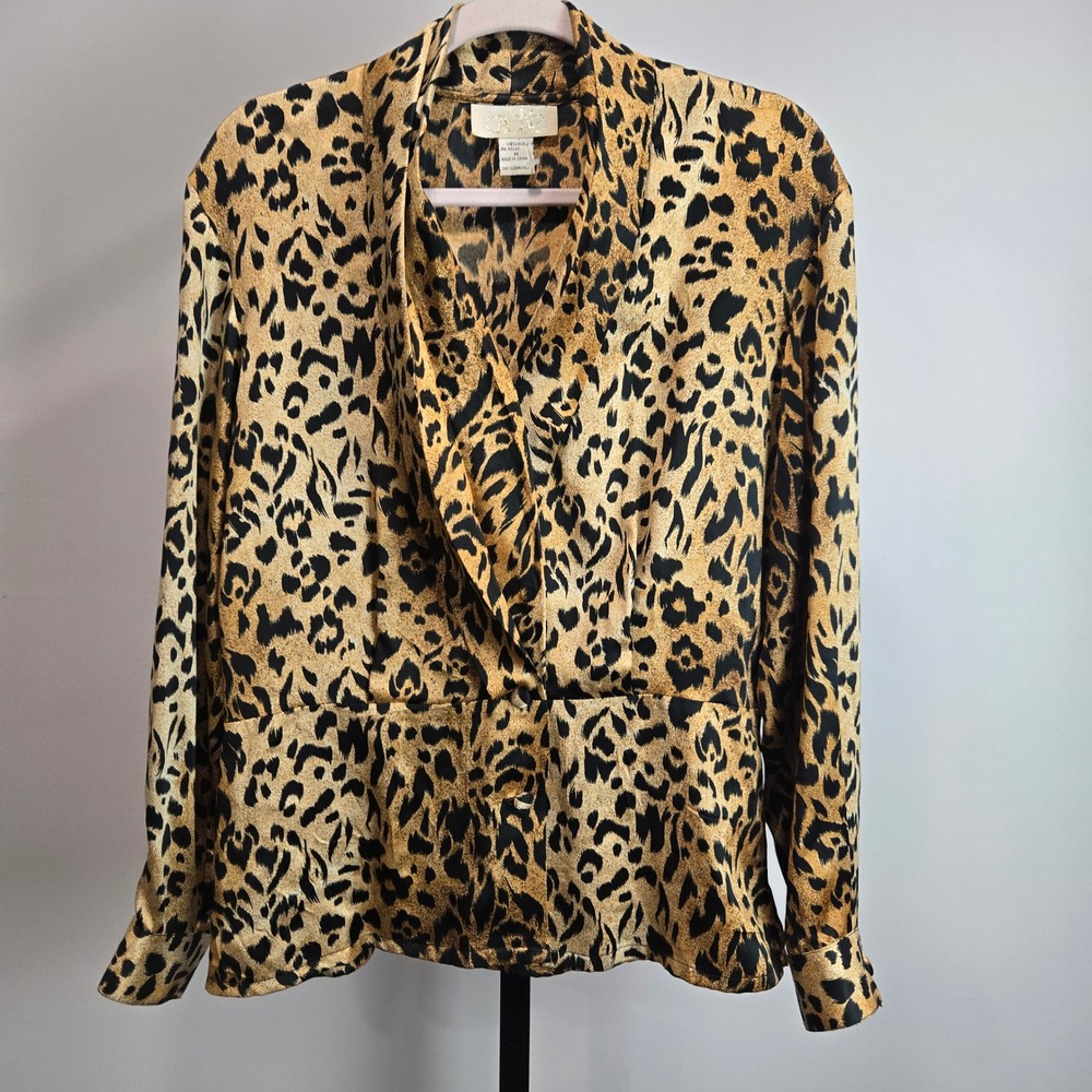 Vtg Y2K Cache Silk Leopard Blouse Medium Long Sleeve Blazer Cut Shawl Collar Top